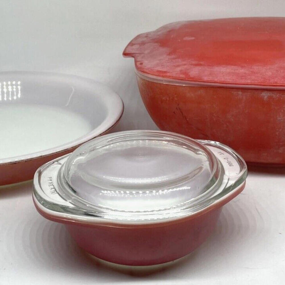 PYREX‎ Milk Glass Casseroles with Lids Red Pink Pie Plate LOT 5 Piece Vintage